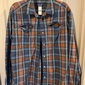 Patagonia Men’s Plaid Button-Down Shirt in Blue and Brown Tones